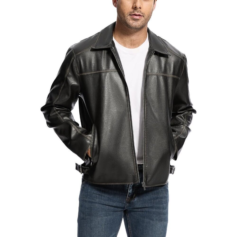 🆕Men's Black Faux Leather Biker Lightweight Vintage Bomber Zip Up Coat Jacket